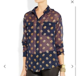 EQUIPMENTFloral Navy Sheer silk-chiffon blouse